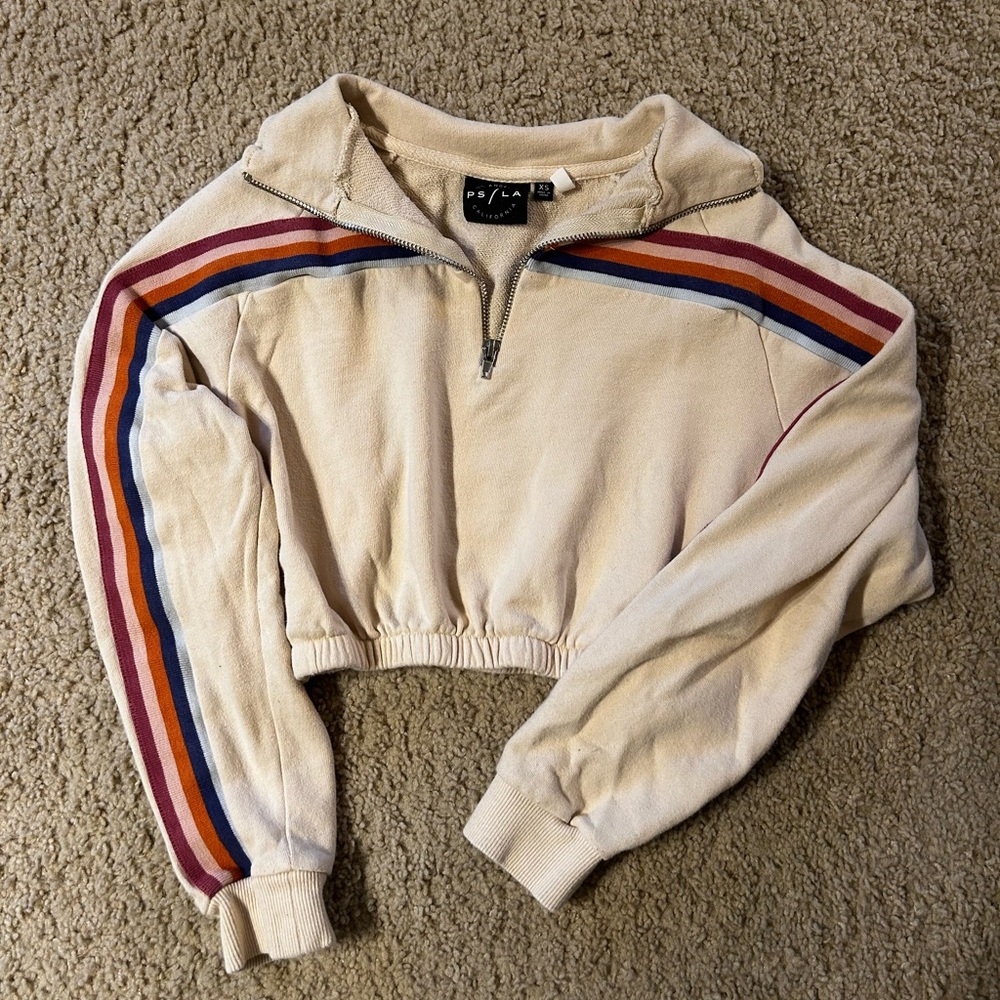 PacSun Cream Cropped Quarter-Zip Sweater with Retro Stripes